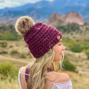 Crocheted Textured Beanie with Faux Fur Pom: Women&#39;s Soft Warm Winter Hat