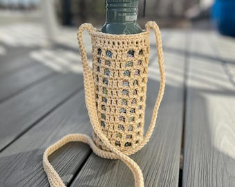 Crocheted Mesh Water Bottle Bag with Long Strap, Polypropylene Cord, Handmade Crossbody Beverage Carrier