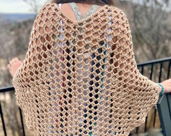 Crocheted Women's Summer Fashion Poncho: Casual Pull-Over Lightweight Cover-Up Wrap