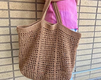 Crocheted Large Mesh Tote, Polypropylene Cord, Handmade Double Handle Summer Beach Bag, Market Bag