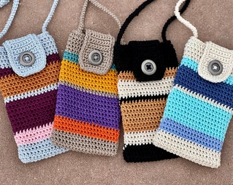 Crocheted Striped Smartphone Crossbody Bag: Small Cotton Phone Purse