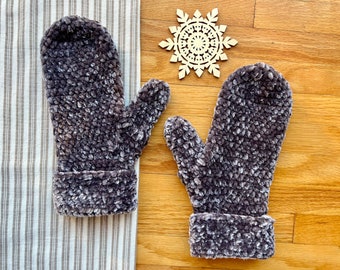 Crocheted Velvety Mittens: Fuzzy Cuffed Winter Gloves