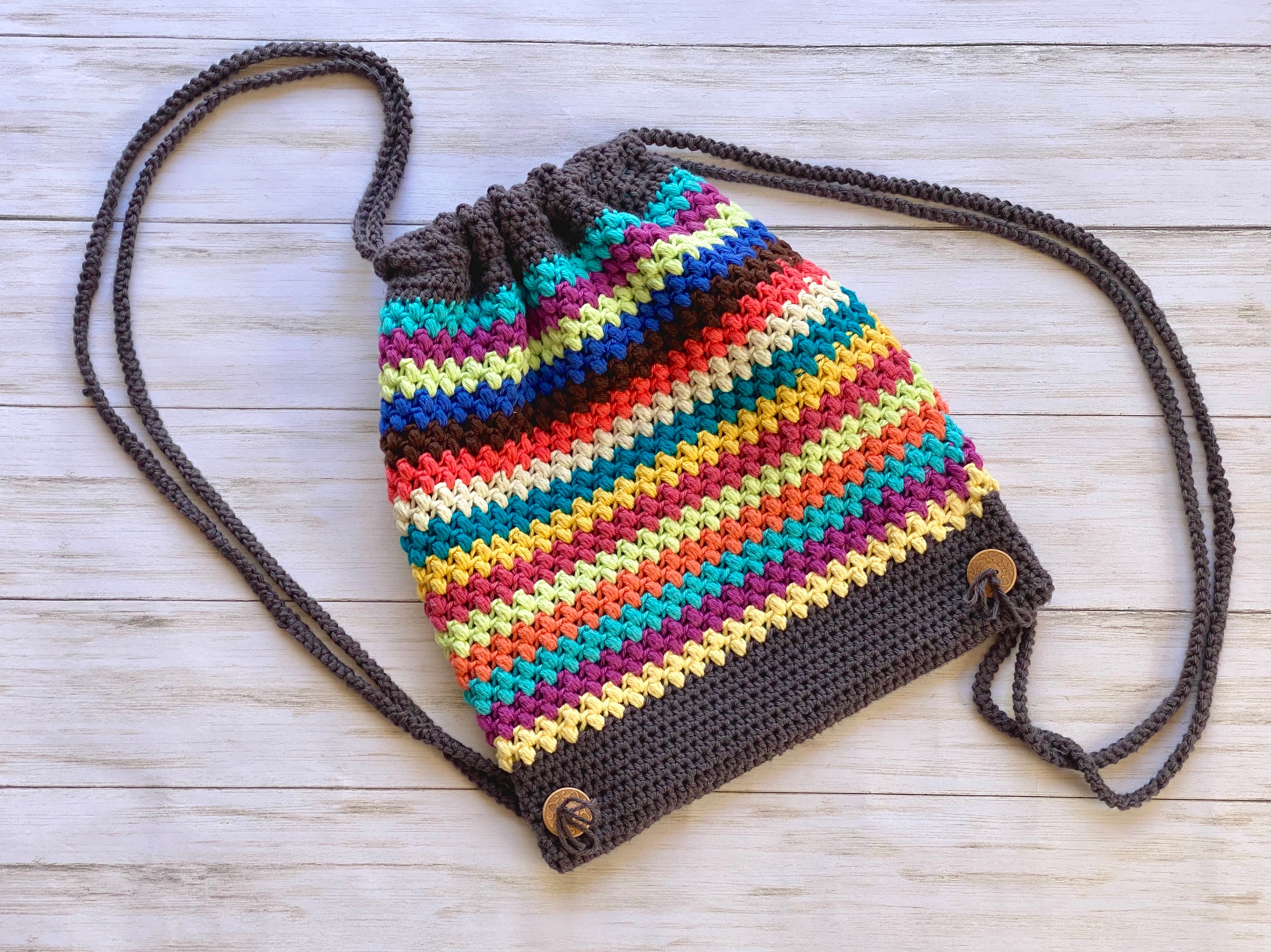 Boho Crocheted Cotton Drawstring Backpack: Colorful Striped Summer Bag