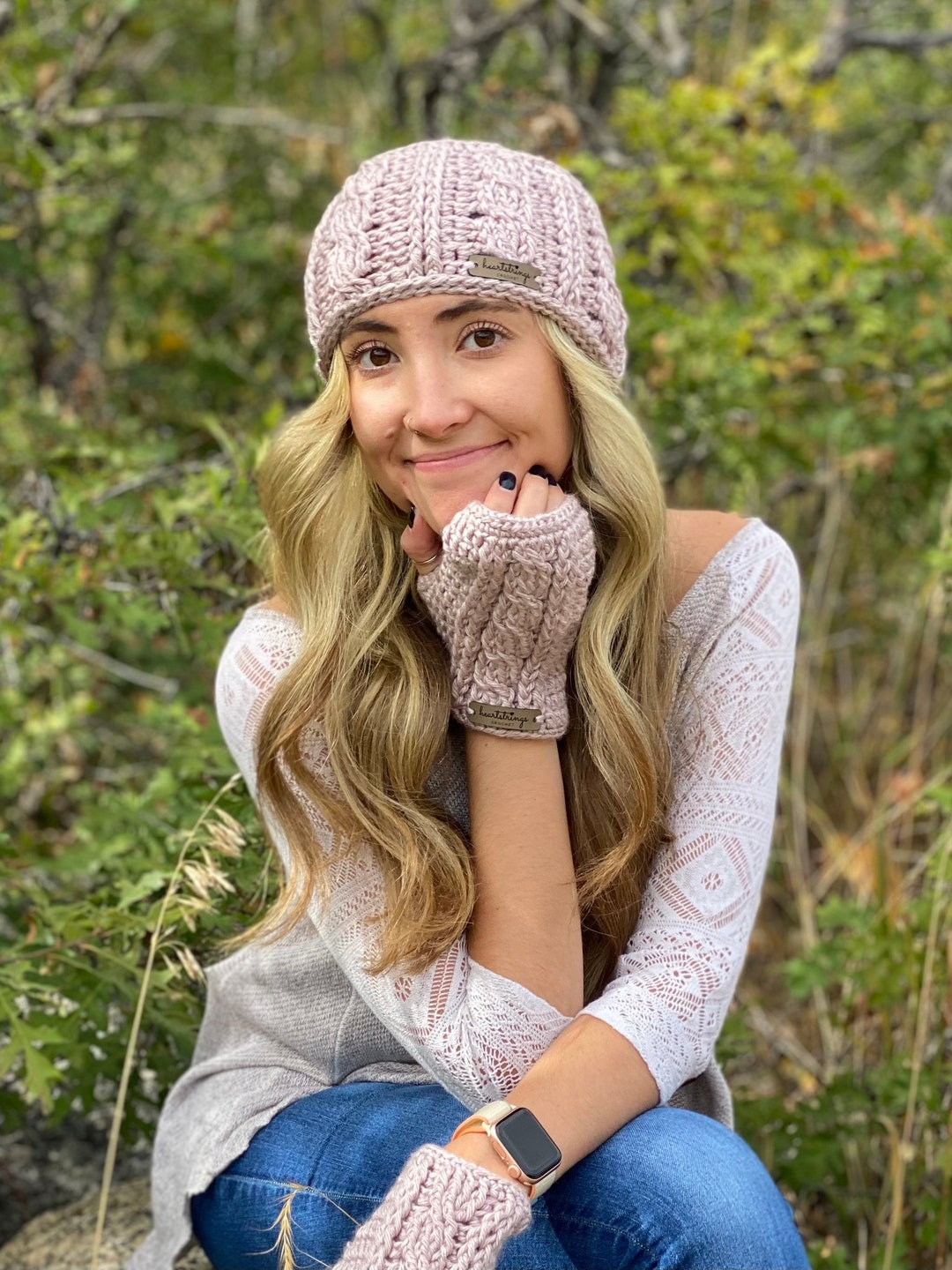 Crocheted Cabled Ear Warmer and Fingerless Mittens Set - Winter Wrist ...