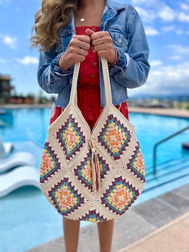 Crocheted Multi-Color Boho Tote Bag Beach Bag Market Bag Crochet Tote Bag Granny Square Bag Crochet Shoulder Bag Large Tote Bag image 1