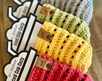 Crocheted Iced Coffee Cup Cozy: Reusable Drink Sleeve with "hello summer" Tag