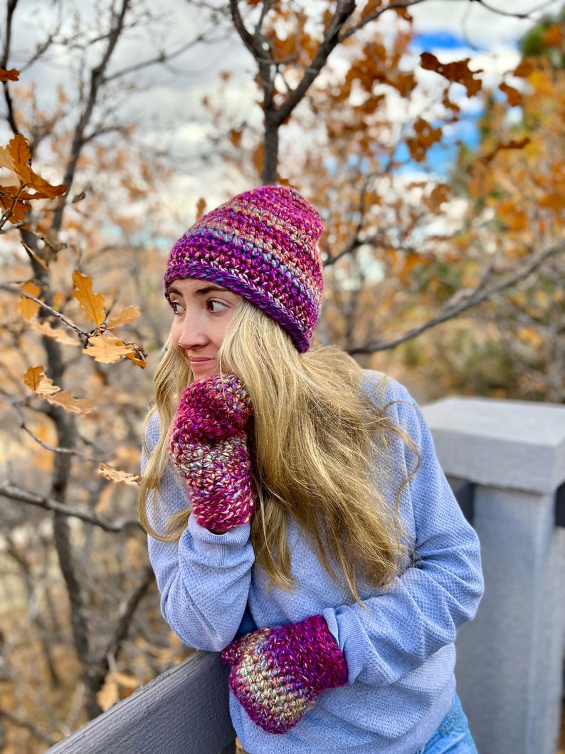 Matching Crocheted Bulky Brimless Slouch Hat and Mittens Set Thick Winter Hat and Mittens Set Slouchy Winter Hat Classic Winter Mittens image 7