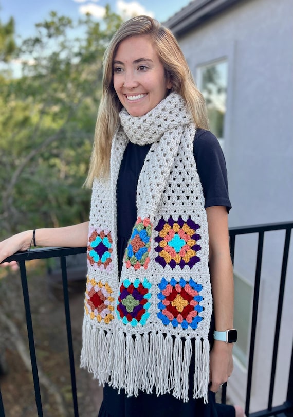 Crocheted Chunky Granny Square Scarf: Long Boho Fringe Fall