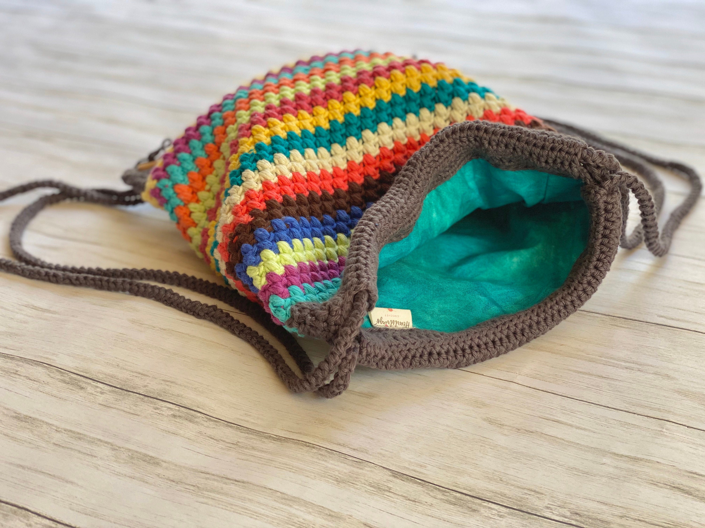 Boho Crocheted Cotton Drawstring Backpack: Colorful Striped 
