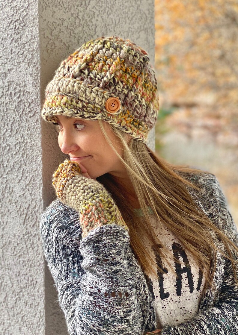 Crocheted Chunky Newsboy Cap Crocheted Chunky Wrist Warmers Newsboy Hat Matching Set Newsboy Hat and Wrist Warmers Gift Idea for Her