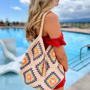 Crocheted Multi-Color Boho Tote Bag Beach Bag Market Bag Crochet Tote Bag Granny Square Bag Crochet Shoulder Bag Large Tote Bag image 5