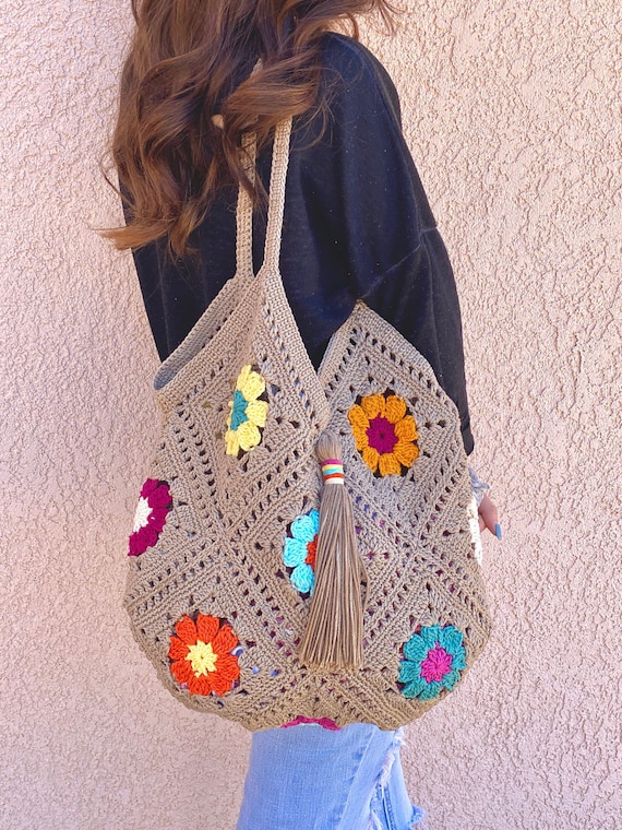 Crocheted Wildflower Tote Bag Flower Market Bag Fashion | Etsy