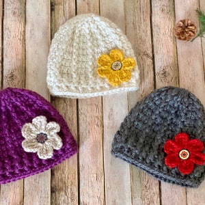 Crocheted Bulky Winter Hat with Flower Women's Thick Winter Beanie Hat Flower Accented Winter Hat Chunky Crocheted Beanie Winter Hat image 4