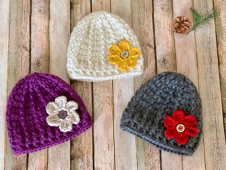 Crocheted Bulky Winter Hat with Flower Women's Thick Winter Beanie Hat Flower Accented Winter Hat Chunky Crocheted Beanie Winter Hat image 4