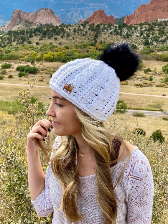 Cable Knit Crochet Beanie Hat Handcrafted With Faux Fur Pom Handmade Gray Tan Crochet Cable Knit Hat With Faux Fur Pom Pom - Etsy main image 3