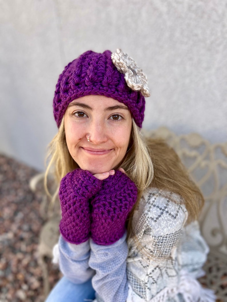 Crocheted Bulky Winter Hat with Flower Women's Thick Winter Beanie Hat Flower Accented Winter Hat Chunky Crocheted Beanie Winter Hat Purple
