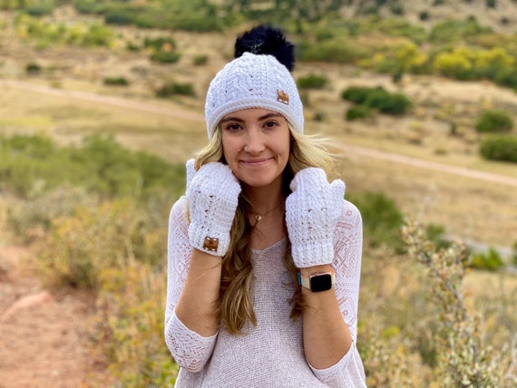 White beanie with faux fur pompom and matching fingerless gloves Handmade Cream Knit Beanie Set With Faux Fur Pom  main image 3