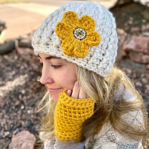 Crocheted Bulky Winter Hat with Flower Women's Thick Winter Beanie Hat Flower Accented Winter Hat Chunky Crocheted Beanie Winter Hat Off-White