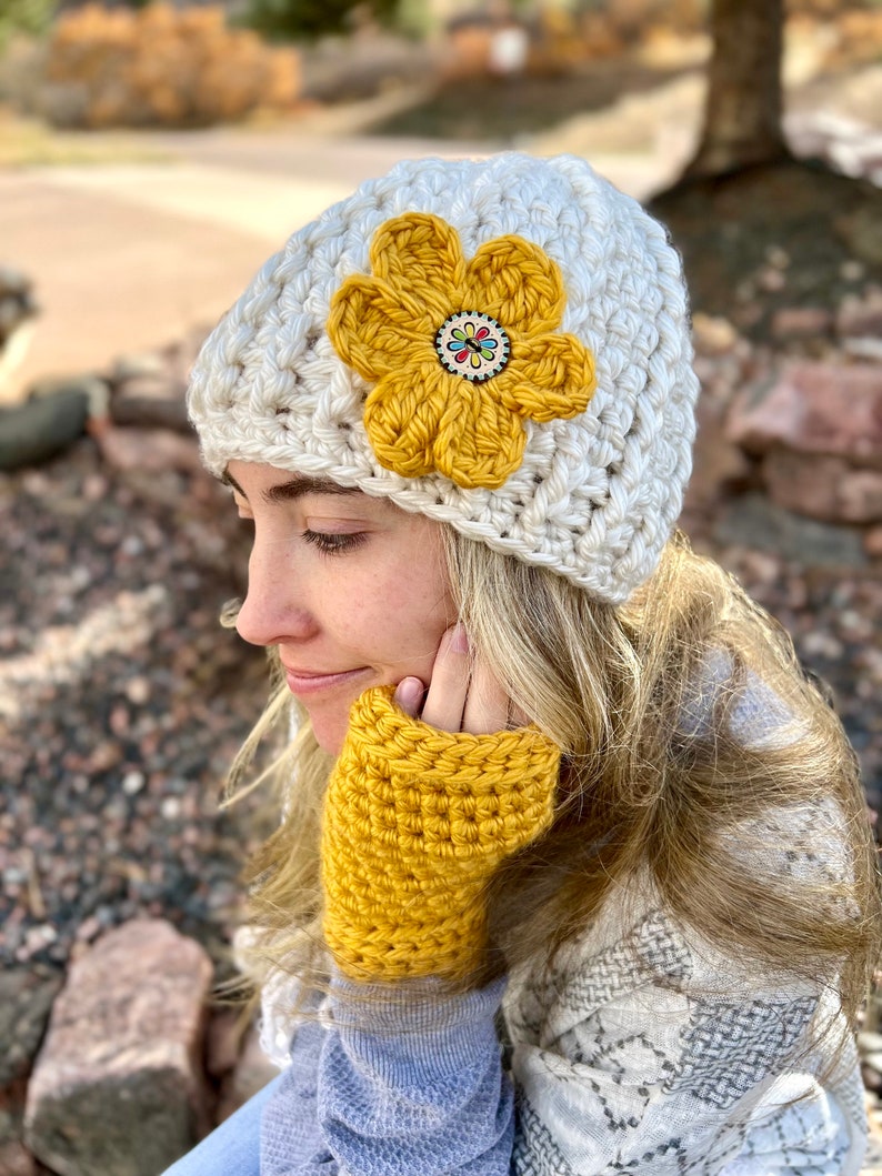 Crocheted Bulky Winter Hat with Flower Women's Thick Winter Beanie Hat Flower Accented Winter Hat Chunky Crocheted Beanie Winter Hat Off-White