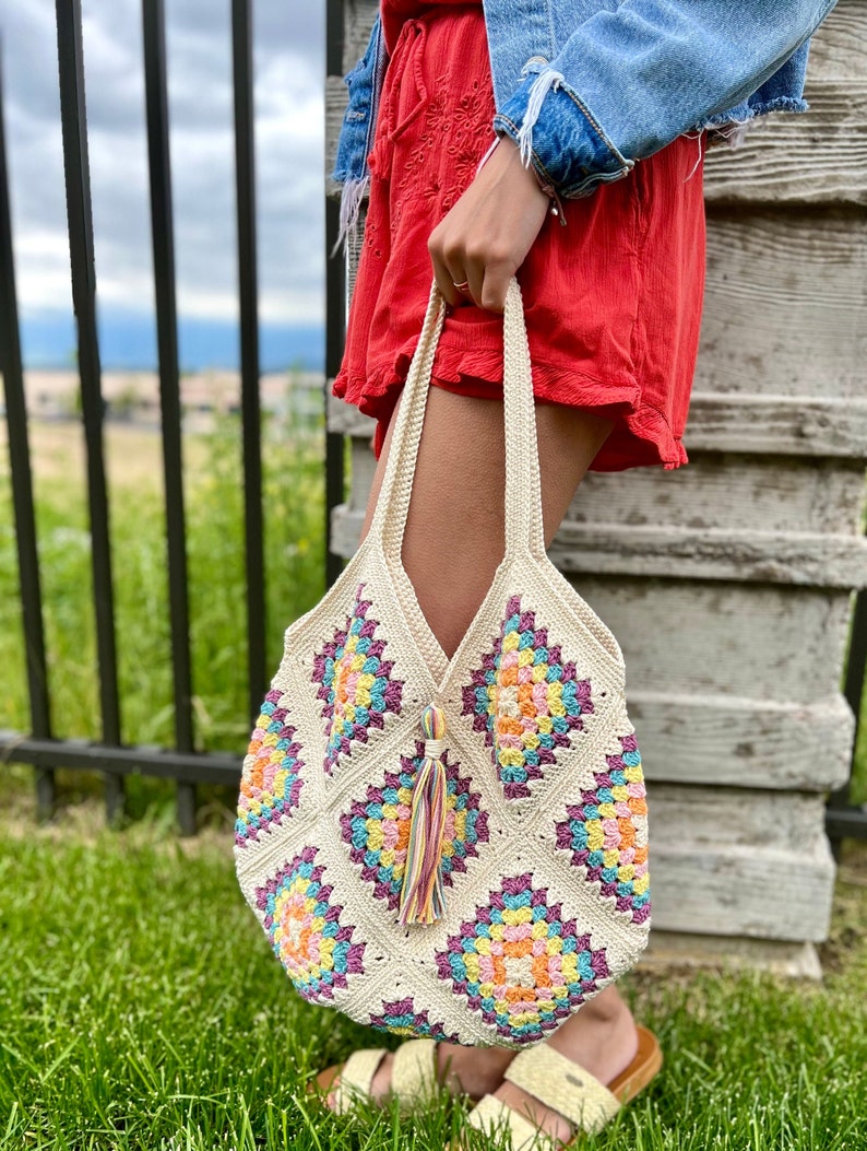 Crocheted Multi-Color Boho Tote Bag Beach Bag Market Bag Crochet Tote Bag Granny Square Bag Crochet Shoulder Bag Large Tote Bag image 6