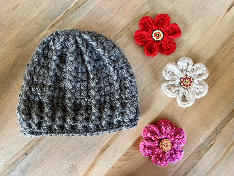 Crocheted Bulky Winter Hat with Flower Women's Thick Winter Beanie Hat Flower Accented Winter Hat Chunky Crocheted Beanie Winter Hat Dark Gray
