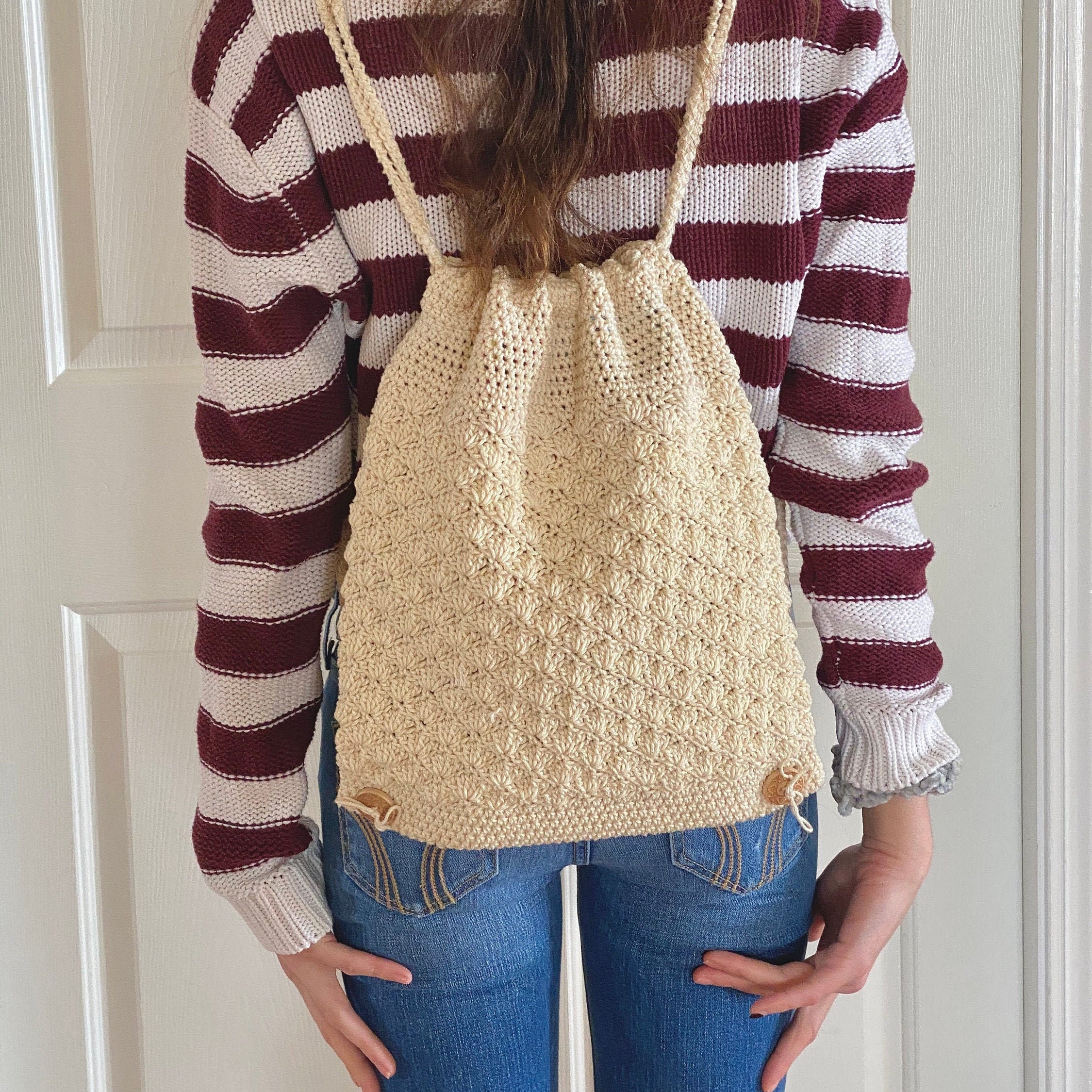Crocheted Cotton Drawstring Backpack: Lined Summer Boho Bag  display picture 1