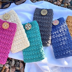 Custodia per occhiali da sole in morbido cotone lavorato all'uncinetto - Custodia per occhiali con chiusura a bottone - Custodia per occhiali da sole foderata - Custodia per occhiali con bottoni - Protezione per occhiali