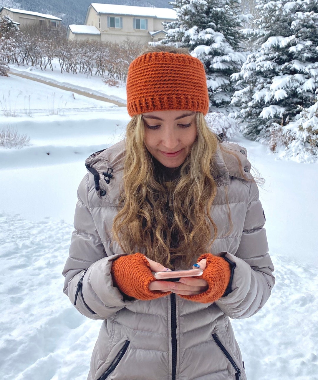 Crocheted Ear Warmer and Fingerless Mittens Set: Matching Winter ...