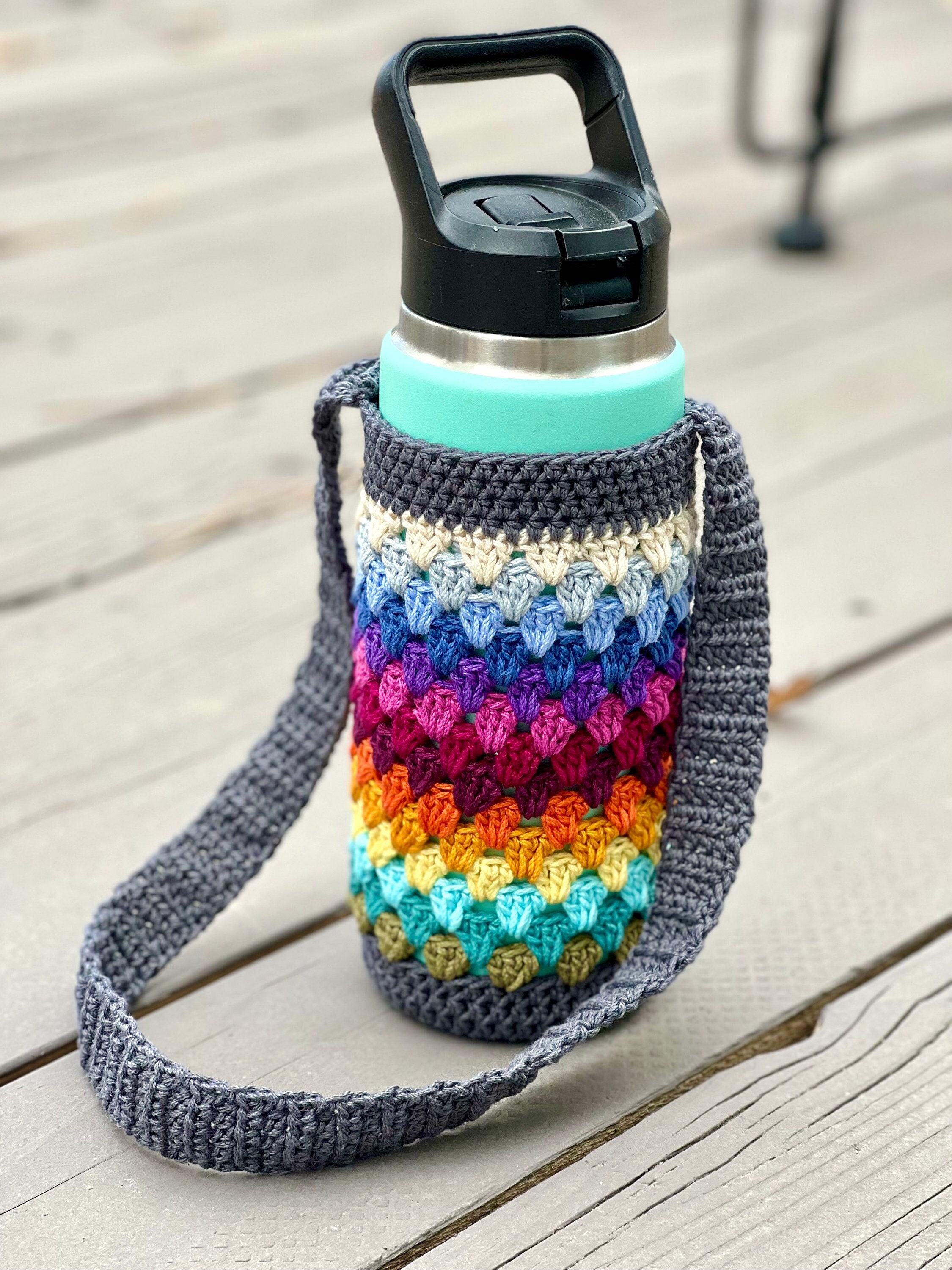Crocheted Water Bottle Carrier: Rainbow Stripe Cotton Holder