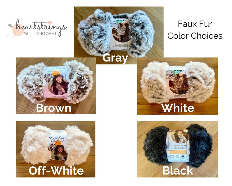 K&ouml;nnte beinhalten: F&uuml;nf Kn&auml;uel Kunstfellgarn in Grau, Braun, Wei&szlig;, Cremewei&szlig; und Schwarz. Jedes Kn&auml;uel hat ein zentrales Papieretikett mit Produktinformationen und einem Foto. Der Text "Faux Fur Color Choices" und "heartstrings CROCHET" ist zu sehen.