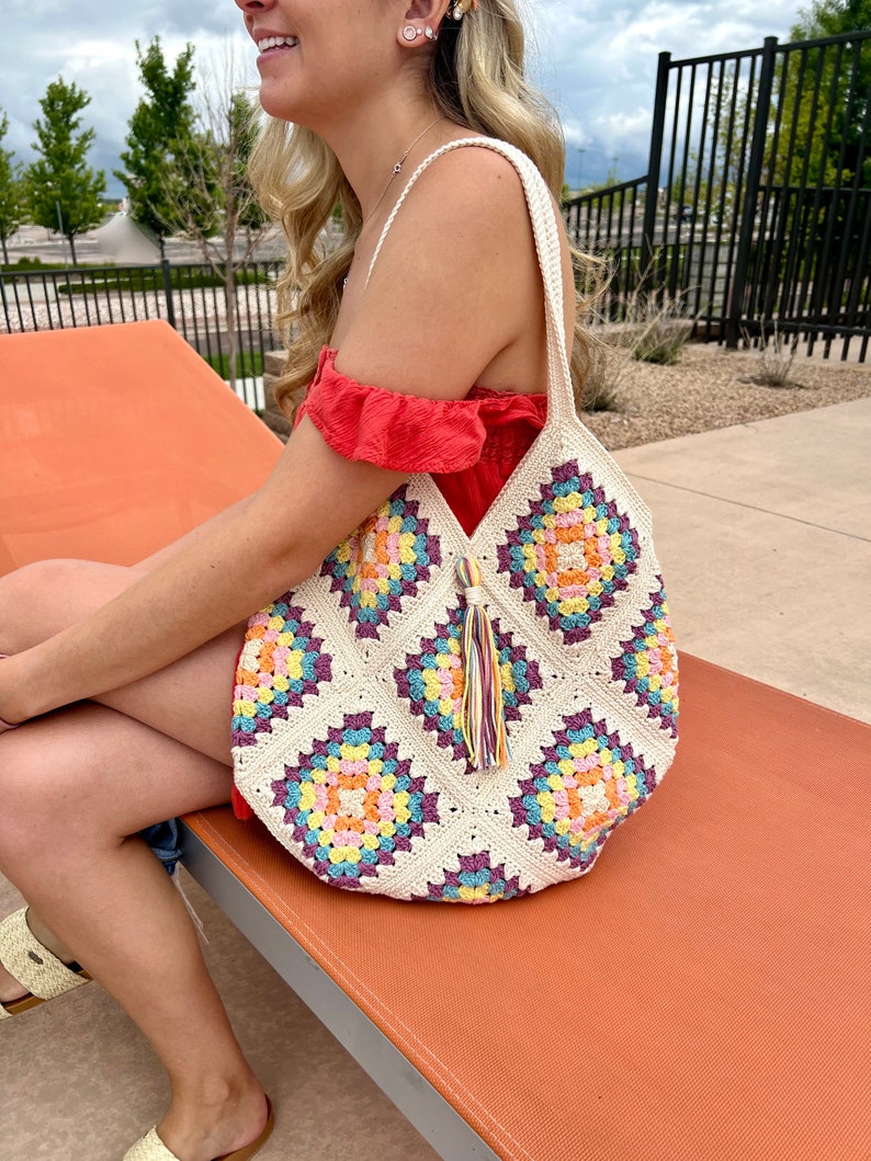 Crocheted Multi-Color Boho Tote Bag Beach Bag Market Bag Crochet Tote Bag Granny Square Bag Crochet Shoulder Bag Large Tote Bag image 7