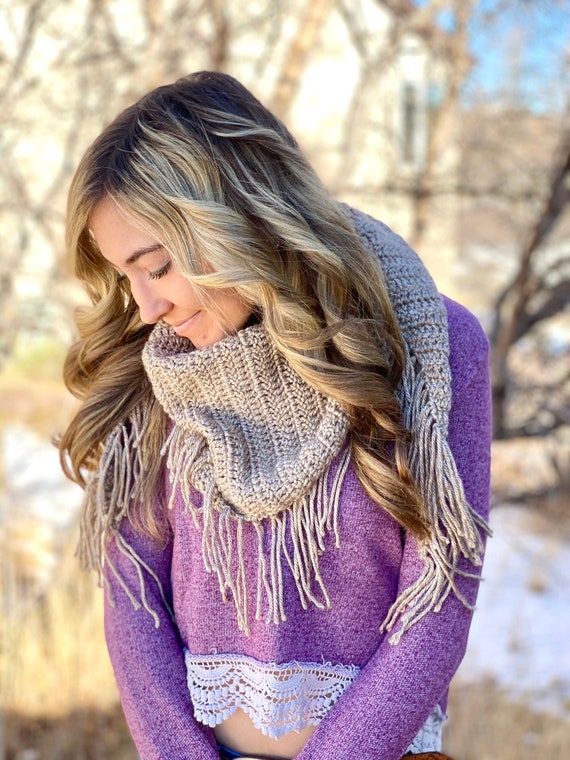 Crocheted Fringed Triangle Scarf: Boho Tapered Acrylic Shawl