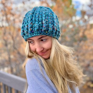 Crocheted Bulky Winter Hat with Flower Women's Thick Winter Beanie Hat Flower Accented Winter Hat Chunky Crocheted Beanie Winter Hat Teal Tweed