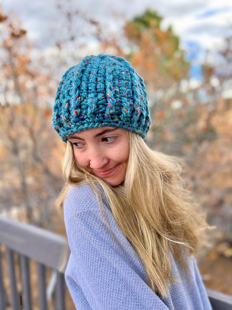 Crocheted Bulky Winter Hat with Flower Women's Thick Winter Beanie Hat Flower Accented Winter Hat Chunky Crocheted Beanie Winter Hat Teal Tweed