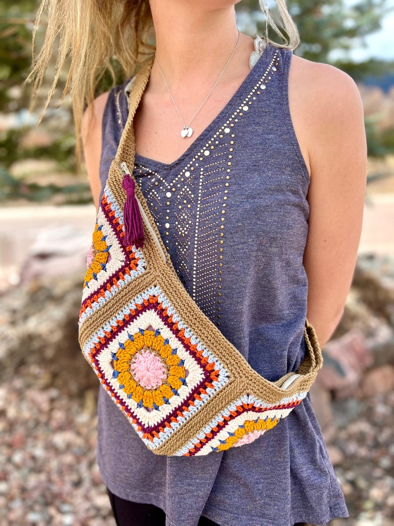 Crocheted Crossbody Sling Bag Adjustable Fanny Pack Lined Zipper Sling Bag Hands Free Boho Bag Crochet Bag Bum Bag Sling Bag Light Brown