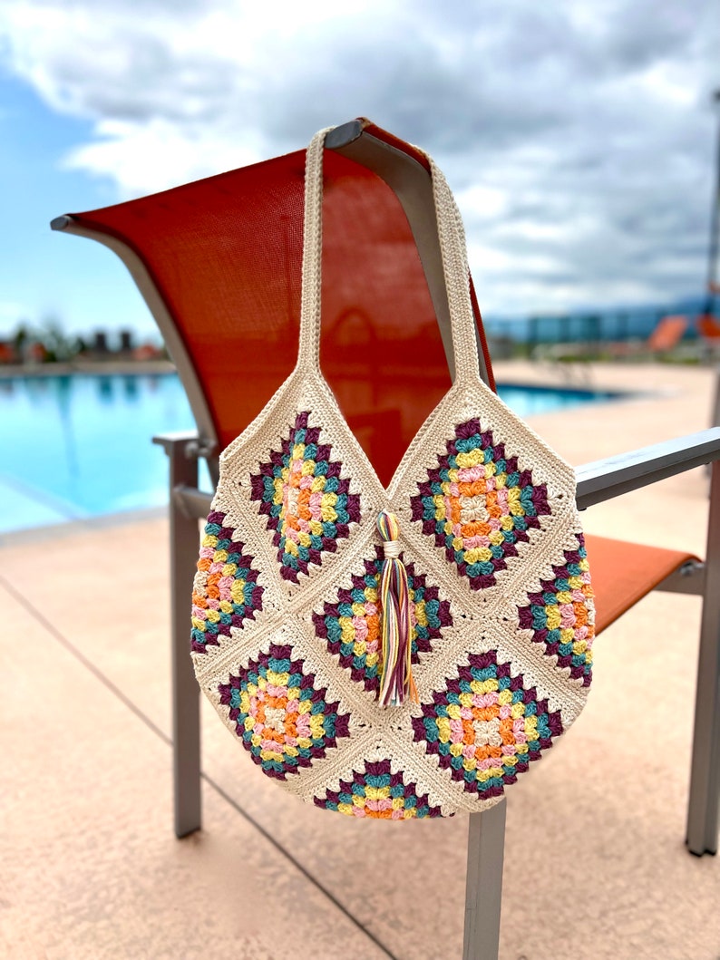 Crocheted Multi-Color Boho Tote Bag Beach Bag Market Bag Crochet Tote Bag Granny Square Bag Crochet Shoulder Bag Large Tote Bag image 3