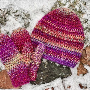 Matching Crocheted Bulky Brimless Slouch Hat and Mittens Set Thick Winter Hat and Mittens Set Slouchy Winter Hat Classic Winter Mittens Multi Pink