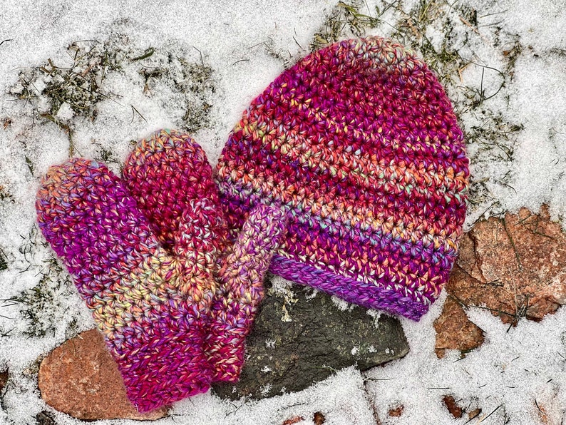 Matching Crocheted Bulky Brimless Slouch Hat and Mittens Set Thick Winter Hat and Mittens Set Slouchy Winter Hat Classic Winter Mittens Multi Pink