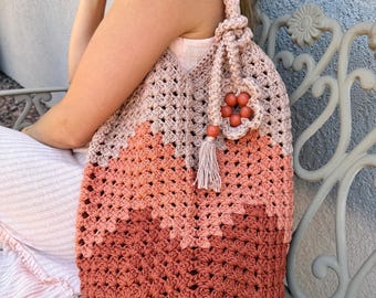 Crocheted Cotton Tricolor Market Bag: Medium Summer Double Handle Tote
