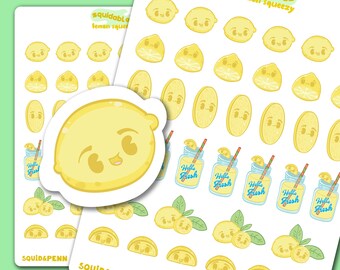 Hojas de pegatinas para planificador de cítricos kawaii con limón exprimido, limonada, limones de verano