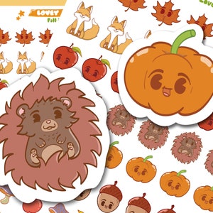 Fall and Autumn Kawaii Planner Sticker Sheets, Acorn, Pumpkins, Foxes, Hedgehogs