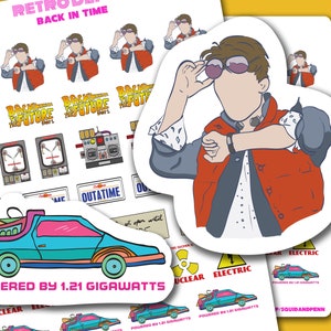 バック・イン・タイム プランナー ステッカー シート、フラックス コンデンサー、マクフライ、デロリアン、1985 年