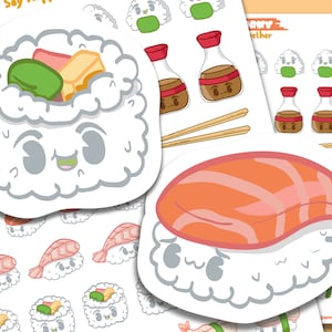Folhas de adesivos de planejador Kawaii para sushi e molho de soja, sashimi, onigiri