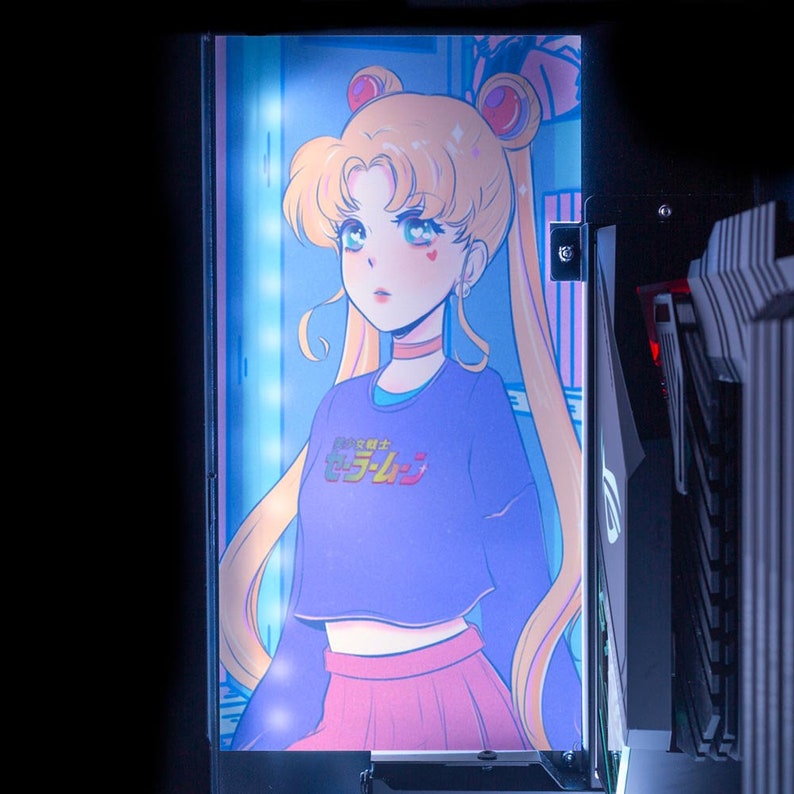 Custom RGB interior plate for Lian Li PC-011 Dynamic Rear Plate -Usagi's 90s Bedroom -By Aris Roth 