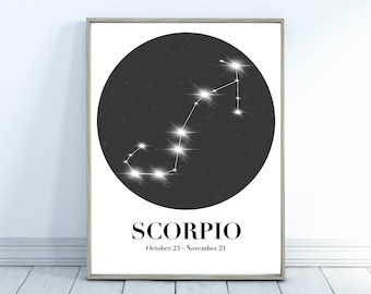 May include: Black and white printable poster featuring the constellation Scorpio with the text "SCORPIO" and "October 23 - November 21".