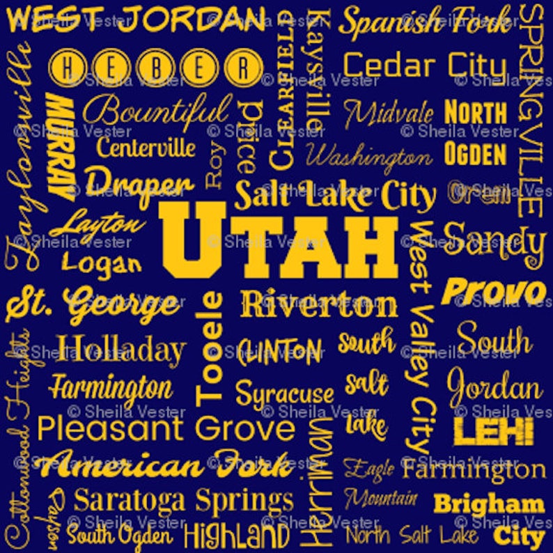 Utah Cities fabric grey and black navy blue and yellow Fat Quarter