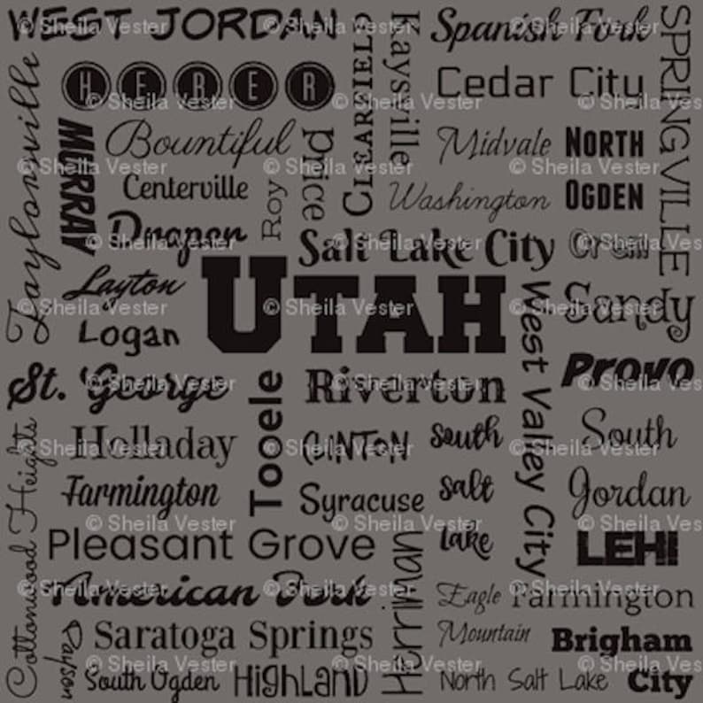 Utah Cities fabric grey and black navy blue and yellow Fat Quarter