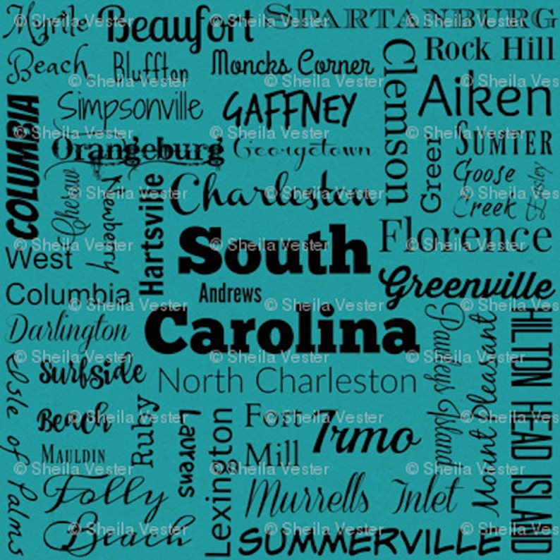 South Carolina Cities fabric teal and black by the yard gray and black