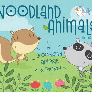 Woodland Animals Clipart / Fox Beaver Raccoon Bird Squirrel Flowers Art / Woodland Themed Printables Cards Wall Art Nursery Kids Room Decor