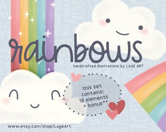Rainbow Clipart Set / Clouds PNG / Cute Rainbows / Stars Illustration / Sky / Sparkles / Digital Download / Commercial Use